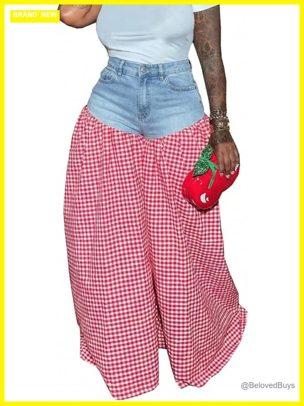 High Waisted Wide Leg Checkered Patchwork Jeans